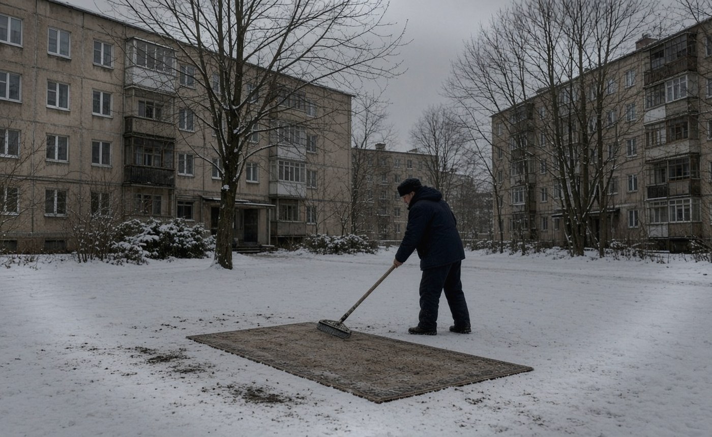Зимой ковёр чистили прямо на снегу во дворе