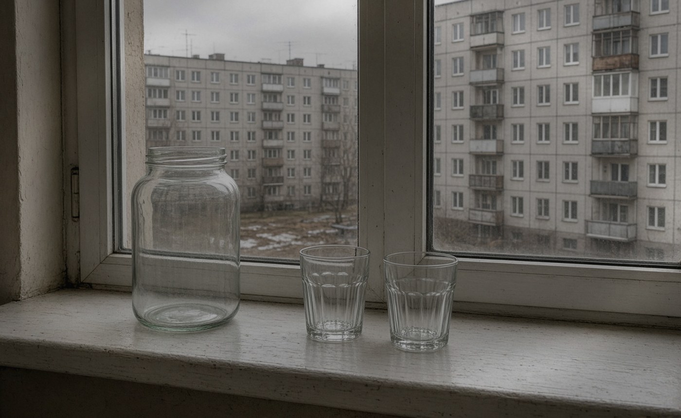 Окно типового дома: на подоконнике банка и два стакана