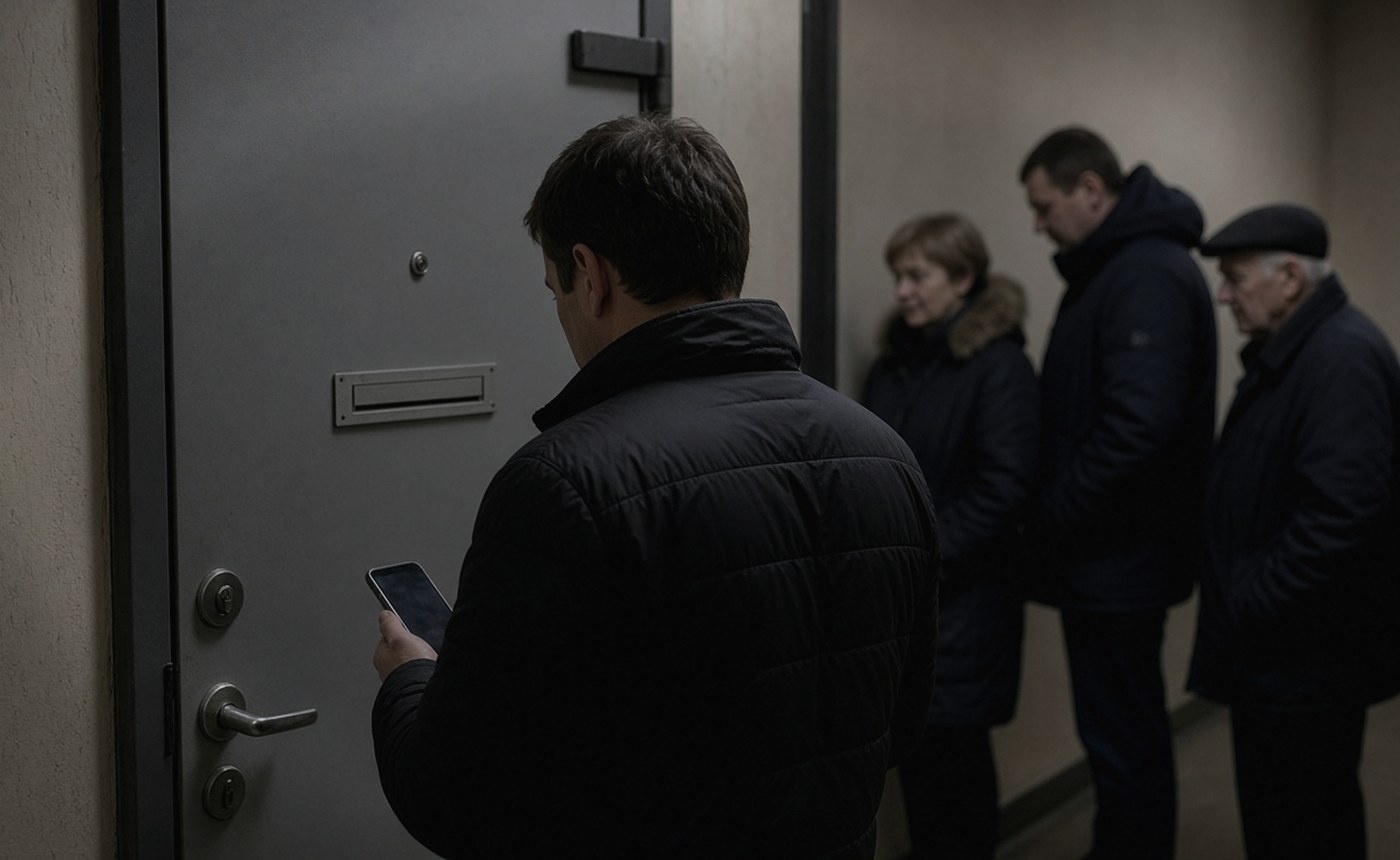 Дверь пункта выдачи: человек ищет код, очередь уже всё поняла