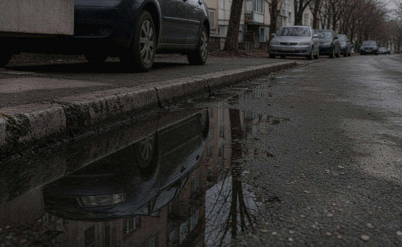 У бордюра вода держится дольше: здесь слой толще и тень от машин