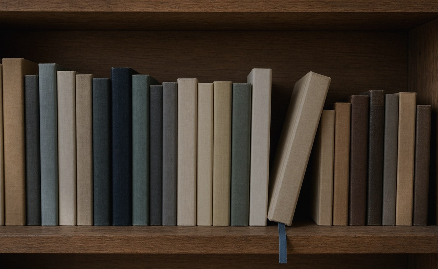 Полка: одна книга с закладкой, остальные стоят ровно и ждут своего черёда